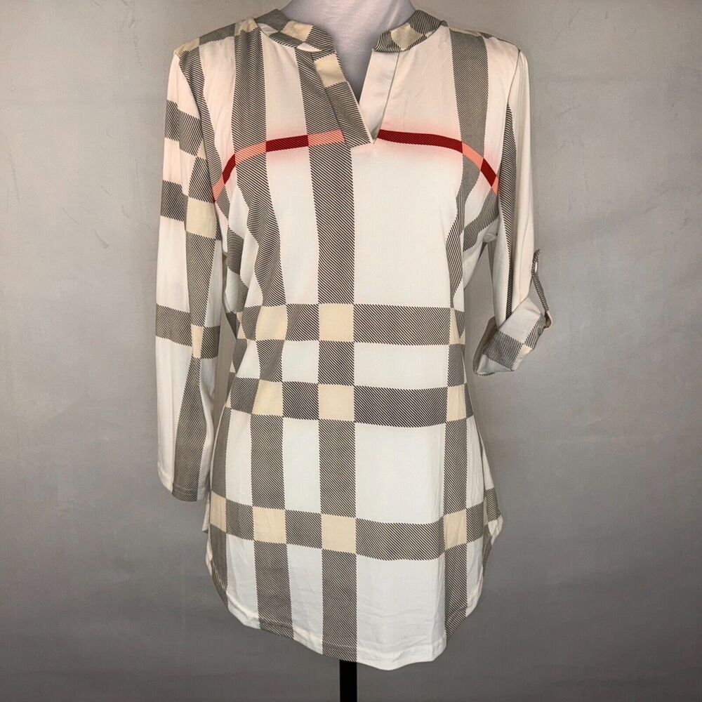Fashion Women Sz XL Plaid Top bone red black cream Henley 3/4 roll up sleeves
